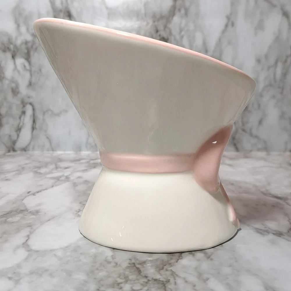 Mellow & Mod Pink /White Bow Cat Drinking Water Tall‎ Bowl Hand Painted